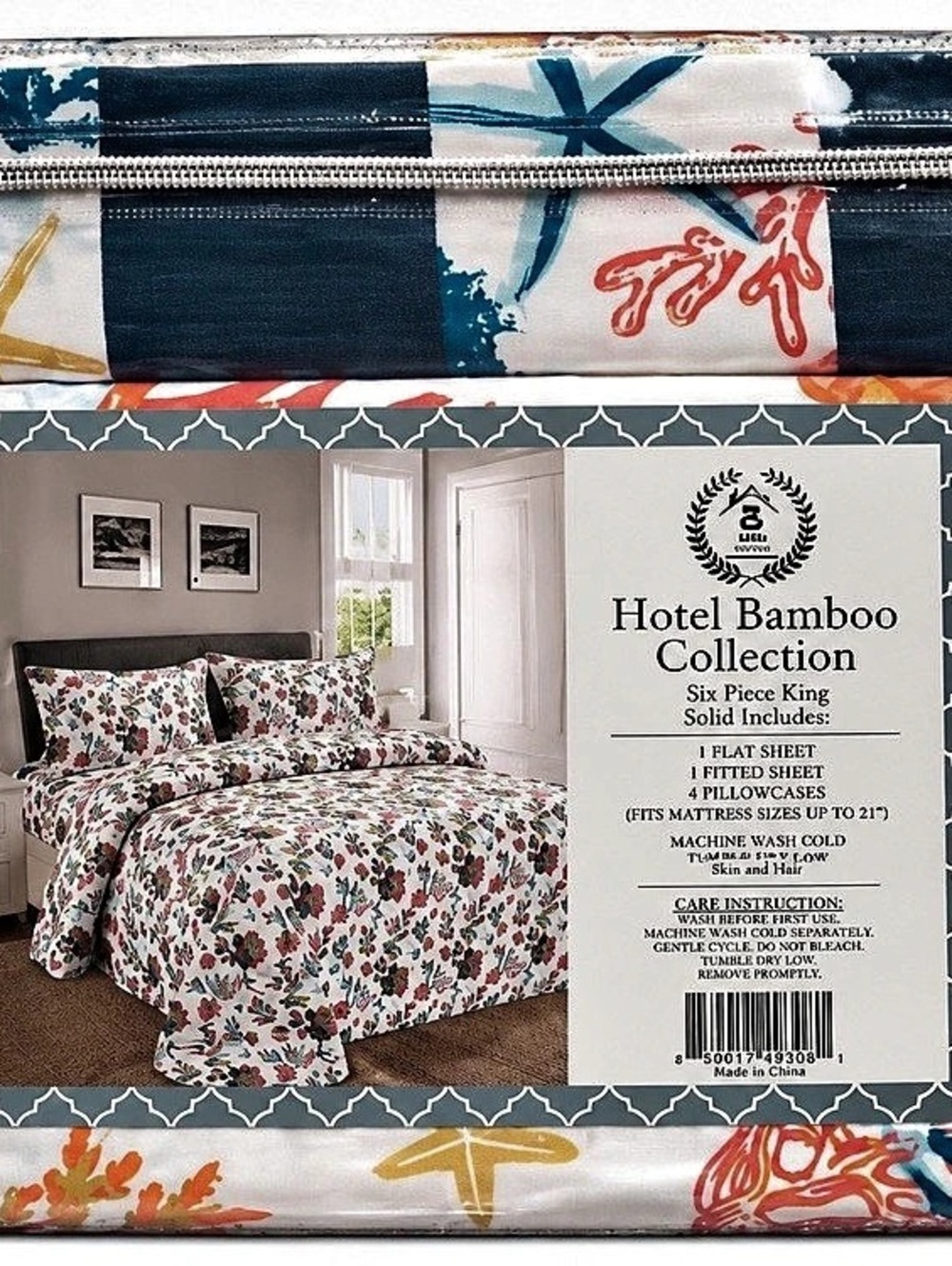Hotel Bamboo Collection Six Piece Fitting Solid Includes Floral Blue & White